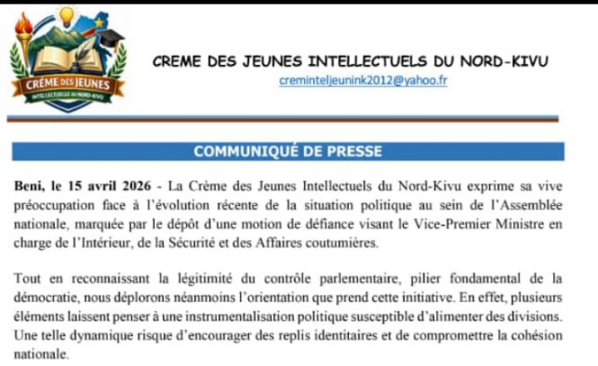 RDC : Des jeunes intellectuels du Nord-Kivu dénoncent une « manœuvre politique » derrière la motion visant Jacquemain Shabani