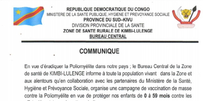 Fizi : Le Bureau Central de la Zone de Santé de Kimbi-Lulenge annonce une campagne de vaccination contre la poliomyélite
