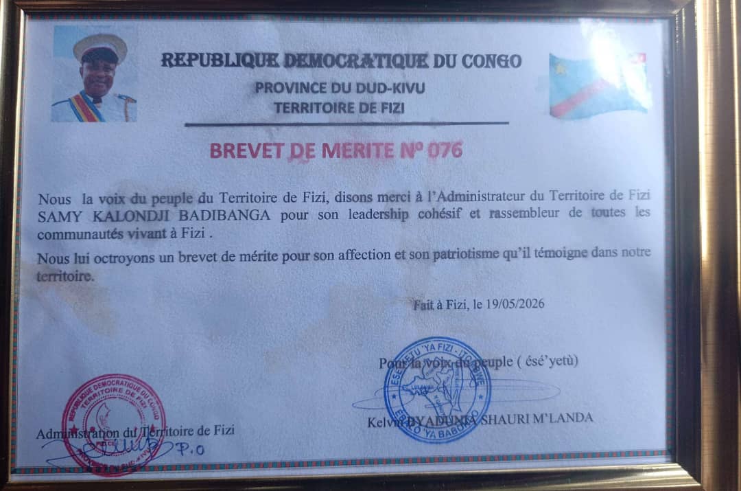 Uvira : L’AT de Fizi Kalonji Badibanga Samy reçoit un brevet de mérite pour son leadership cohésif