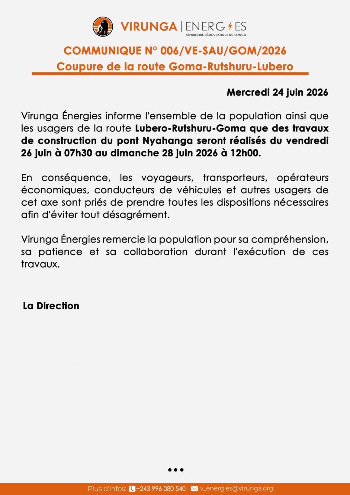 Pont Nyahanga : la circulation suspendue sur la RN2 entre Goma, Rutshuru et Lubero pendant deux jours