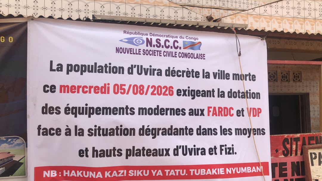 Uvira : la NSCC décrète une journée « ville morte » pour alerter sur l&rsquo;insécurité dans les hauts et moyens plateaux